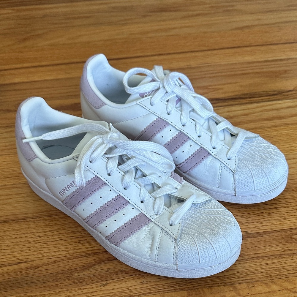 Adidas Women's White and Lavender Superstar Sneakers - Size 8